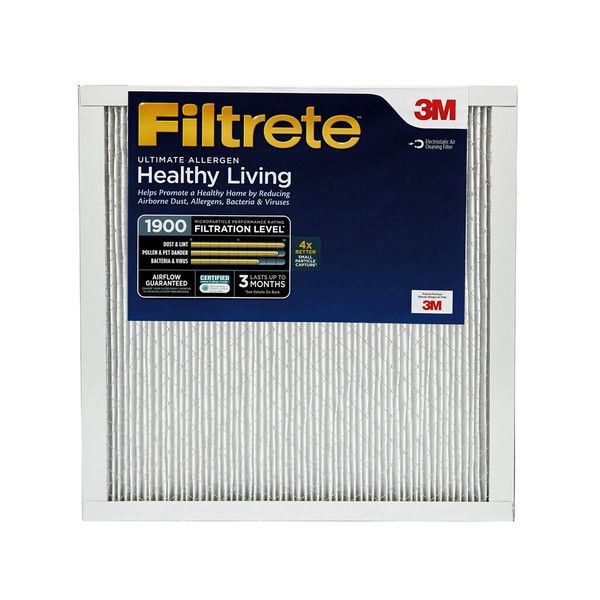 Filtrete 20x20x1 Air Filter, MPR 1900, MERV 13, Healthy Living Ultimate Allergen 3-Month Pleated 1-Inch Air Filters, 2 Filters