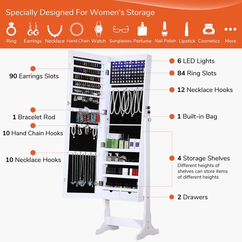 GISSAR Jewelry Organizer Full Length Mirror Jewelry Cabinet Standing/Wall/Hanging Door
