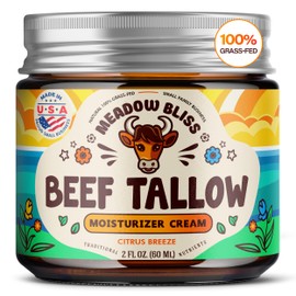 Meadow Bliss Beef Tallow for Skin - Moisturizer Cream - 100% Grass Fed - Whipped Beef Tallow - Organic Jojoba Oil - Organic Shea Butter - Supports Eczema, Rosacea+ - Made in USA - Citrus Breeze - 2 oz