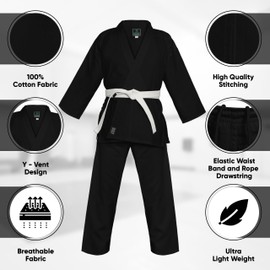 Agile Dragon Karate Uniform for Kids & Adults Lightweight Student Karate Gi Martial Arts Uniform black with Belt (Black, 1)
