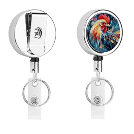 Heavy Duty Badge Reels Retractable Badge Holder with Belt Clip Key Ring for Key Name Card Holder Art Colorful Chicken Badge Reel Metal Retractable Keychain ID Badge Holder