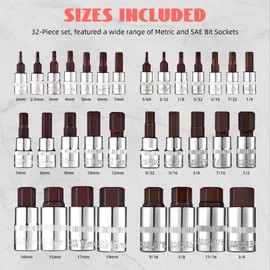 Master Hex Bit Socket Set 32-Piece, Allen Socket Set, 1/4'', 3/8”& 1/2'' Hex Drive Sockets, SAE & Metric, S2 Alloy Steel Combine with Cr-V, 5/64” to 3/4”, 2mm to 19mm