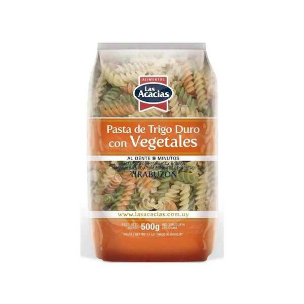 Las Acacias Dried Durum Wheat Pasta with Vegetables Fideos Tirabuzón con Vegetales from Uruguay, 500 g / 17.63 oz (pack of 3)