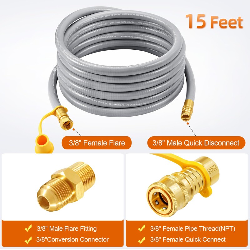 GasSaf 15FT 3/8" ID Natural Gas Hose, Natural Gas Grill