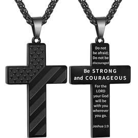 Eulinviak Black American Flag Cross Necklace - 24" Scratch-Resistant Steel Chain & Bible Verse Pendant, Religious Jewelry Gift for Baptism, Easter, Military