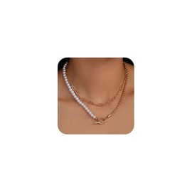 Jewlpire Gold Layered Necklaces for Women, 14K Plated Gold Choker Necklace for Women Trendy Dainty Gold Paperclip Pearl Necklace Toggle Pendant Necklace for Women