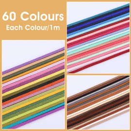 Pack of 60 Leather Cord 1 m x 2 mm 60 Colours Leather Bands Vintage Leather Cord Chains Tear-Resistant Flat Leather Straps Leather Cord for Bracelet Necklace Handmade Crafts DIY Jewellery Pendant