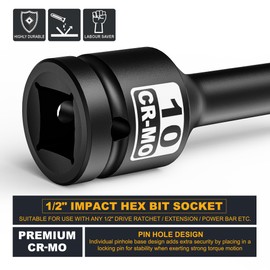 KIRXST Power Bit Insert Hexagon Socket 1/2 Inch H10 (10 mm) Impact Hex Bit Insert, CR-MO Steel, for Torque Wrench, Drill Set, Ratchet