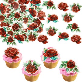 Ephlyn 48Pcs Rose Cupcake Toppers Wafer Paper Rose Flower Cupcake Picks Rose Edible Cupcake Decorations for Roses Theme Wedding Engagement Valentine's Day Birthday Party Decoration Supplies Red