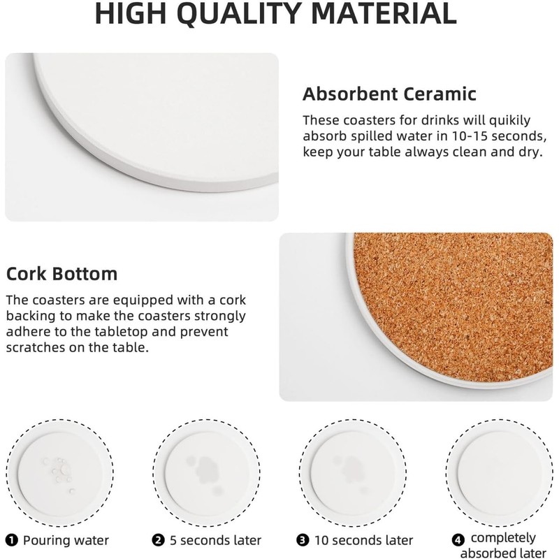 ADPON Absorbent Ceramic Coasters for Drinks with Cork Base Art