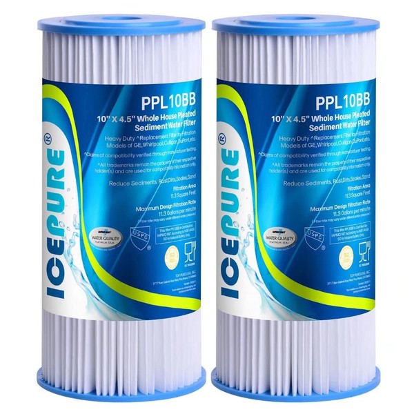 10" x 4.5" Whole House Pleated Water Filter Replacement for GE FXHSC, Culligan R50-BBSA, Pentek R50-BB, DuPont WFHDC3001, W50PEHD, GXWH40L, GXWH35F, for Well Water, Pack of 2