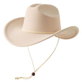Lanzom Women Western Cowboy Cowgirl Hat Wide Brim Fedoras Hat with Wind Lanyard (US, Alpha, Medium, Large, Beige)