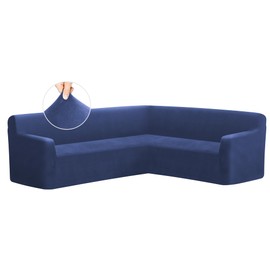 ALIECOM Velvet Corner Couch Covers L Shape Sofa Cover Sectional Stretch Soft Thick Plush U Shaped Sectional Slipcovers Living Room Pet Dogs Universal Non Slip Furniture Protector (Blue, Small)