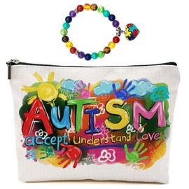 Autism Colorful Painting Makeup Bag for Women Teacher Mom, Large Capacity Makeup Pouch Travel Organizer Toiletry Cosmetic Bag, Autistic Puzzle Elastic Natural Stone Beaded Bracelet, Gifts for Women
