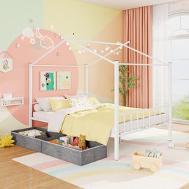 Giantex Full Size House Bed with 2 Storage Drawers, Metal Montessori Bed Frame with Headboard & Footboard, Full House Beds for Kids Girls Boys, No Box Spring Needed, Noise Free (White)