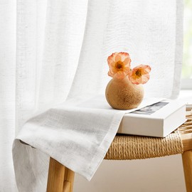 Deconovo Voile Curtains with Ruffle Tape, Decorative Curtain, Semi-Transparent Curtain, Linen Look, 225 x 140 cm (Height x Width), White, Set of 2