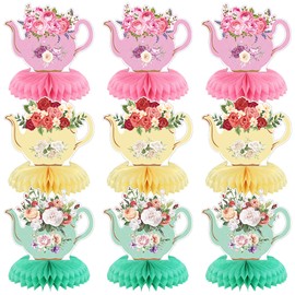 Jexine 9 Pcs Tea Party Centerpieces for Tables Princess Party Floral Teapot Honeycomb Decorations Tea Party Table Decor Teapot Decors for Summer Birthday Baby Shower Wedding Supplies (Classic Style)