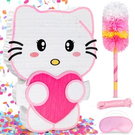 Large Pink Cat Pinata - Includes 24" Bat Stick, Eye Mask, Rope - Cute Love Heart Design for Girls' Birthday Party Cat-Themed Event (20.7" × 15.7" × 3.0")