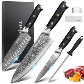 MOSFiATA Professional Damascus Chef Knife Set-3PCS, 8 ‘’Chef Knife 7”Santoku Knife and 5'Utility Knife，VG-10 High Carbon Stainless Steel with Finger Guard, Knife Sharpener Rod Gift Box
