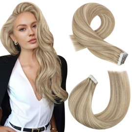 Moresoo Blonde Tape in Hair Extensions Human Hair Blonde Highlights Hair Extensions Tape in Dark Honey Blonde with Medium Blonde Tape in Extensions 14 inch 50g/20pcs