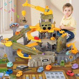 Charmofun Construction Site Vehicles, Car Racing Track, Truck Toy for Children with Excavator and Crane