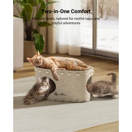 DownyPaws Cat House for Indoor Cats, Cat Bed Cave for Multiple & Large Cats Up to 22 Lbs, Scratch Resistant, Foldable Peekaboo Kitten Caves Tunnel Enclosed Bed, PeekaPurr, Cream