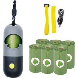 Dog Poop Bag Holder with 7 Rolls of Green Dog Waste Bags Poop Bag Holder with Rechargable Battery and USB Cable Poop Bag Dispenser with LED Flashlight (Grey)