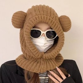 Women's Winter Bear Ear Balaclava Hat with Integrated Scarf lf1453 Beige 4ea