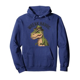 Funny T-Rex Dinosaur Wreak Havoc Satire Cubism Cartoon Pullover Hoodie
