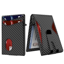 Aluminum Leather Card Holder – Pop-Up Card Case Wallet with Money Clip, ID Window, and Quick Access Slots – Holds 10+ Cards and Cash