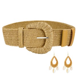 Straw Woven Elastic Belt for Women, Boho Braided Raffia Waist Belt, Stretch Rattan Belt for Summer Dresses and Fashion Outfits, with Matching Boho Earrings,Khaki