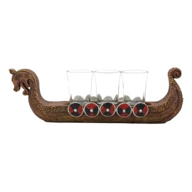 Ebros Scandinavian Viking Dragon Longship 3 Shotglass Shooter Holder 11.25"L