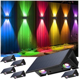 Fence Lights Solar Powered, 6-Pack Solar Fence Lights Up/Down Flexible Buttons, IP67 Waterproof for Outdoor, 100LM Bright, Auto Dusk to Dawn for Wall/Stairs/Yard/Railing/Deck/Pathway (White & RGB)