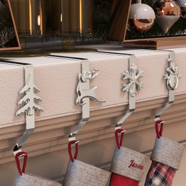 Lewondr Christmas Stocking Holder, Pack of 4 Christmas Creative Fireplace Hooks, Non-Slip Santa Boot Holder, Hanging Stockings Hanger with 4 Patterns for Fireplace, Christmas Party, Decoration, Chest