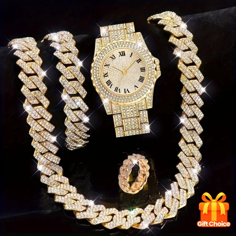 4pcs, Men's Rhinestone Bracelet Set, Ring Set, Men's Watch Gift