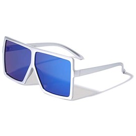 London Oversized Flat Top Color Mirror Lens Rectangular Sunglasses (Blue Grey)