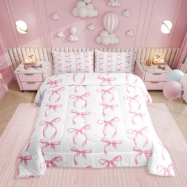 Erosebridal Cute Pink Bow Twin Bedding Set for Girls,Ribbon Bow Knot Comforter Set for Kids Kawaii Room Decor,Princess Bowknot Bed Set Girly Pink Bows Bedding Comforter Sets,1 Pillowcase