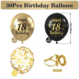 Balloons 18th Birthday Decoration, Pack of 30 Latex Balloons, 18th Birthday Boy Girl, Happy 18th Birthday Balloons Black Gold, Birthday Party Decoration