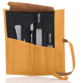 GERMANIKURE Black Crystal Glass Nail File Set in Yellow Leather Case – Handmade in Czech Republic – Professional Manicure & Pedicure Supplies – Glass Cuticle Stick, Pusher, Moon File