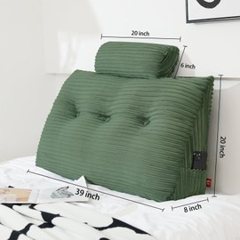 Rycwola Headboard Wedge Pillow with 2 Pack Neck Roll Pillow Large Headboard Pillow Soft and Supportive with Removable Cover (sage Green, Twin: 39x8x20 Inches)