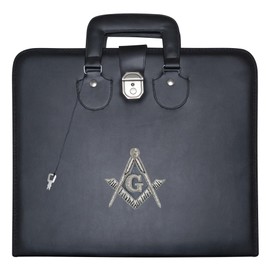 Masonic Master Mason Apron Case Black Imitation Leather – Hand Embroidered (Silver Emblem), MM Provincial Size | Freemason Carrying Bags