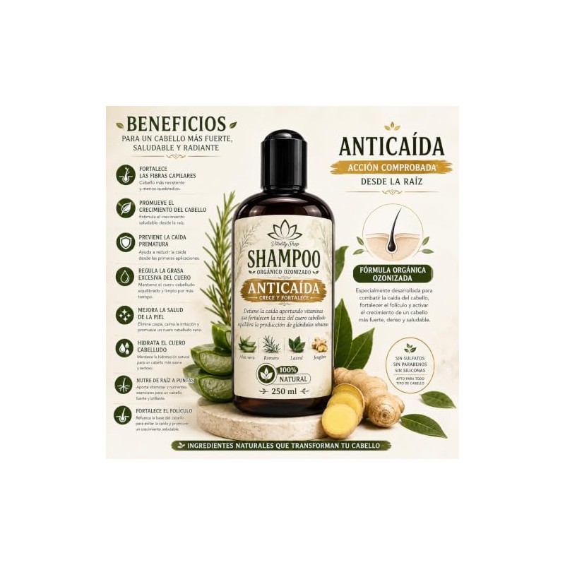 Shampoo anticaída orgánico con romero, aloe vera y vitamina E