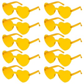 SelfTek 10 Pcs Yellow Heart Glasses Rimless Heart Sunglasses Love Heart Shaped Glasses Transparent Colored Heart Glasses Multipack Fashion Funky Eyewear for Women Men Kids
