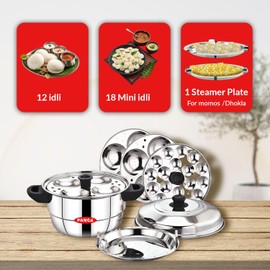 PANCA Idli Maker Stainless Steel Idli Cooker, Idli Steamer, Idly Pot, Dhokla Maker and Mini Idli Plate (Silver, 12 Idli 5 Plate Idli Kadai), 15 Litres