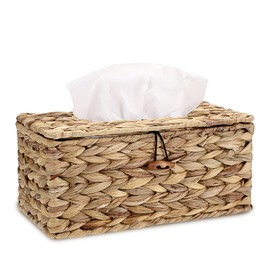BSTKEY Rectangular Water Hyacinth Facial Tissue Box, Household Woven Paper Holder Napkin Box, Decorative Tissue Paper Storage Organizer with Lid