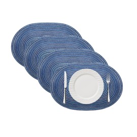 JEIYMIUW Woven Placemat Set of 4, Oval Place Mats, 12"X18" Wipeable Placemats, Heat-Resistant Durable Table Mats for Dining Table Easy to Clean (Blue)