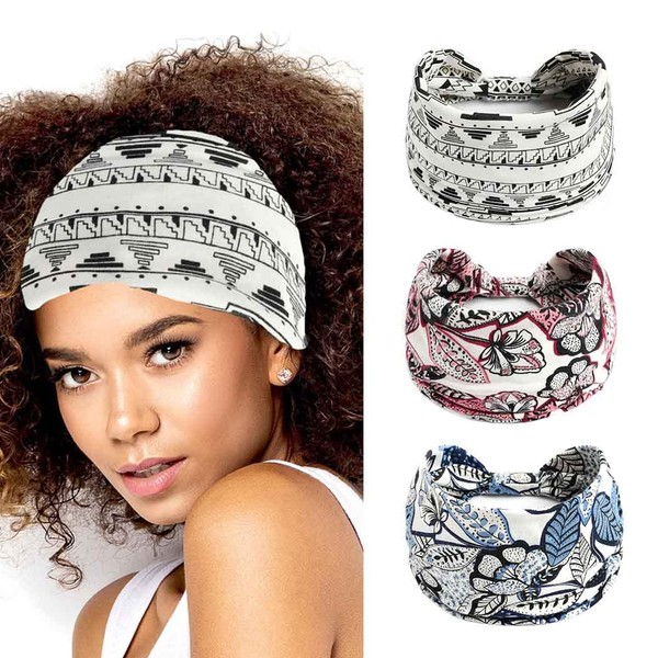 Zoestar Boho Wide Headbands Black Yoga Hair Bands Knotted Turban Head Scarves Stylish Printed Head Wrap Thick Elastic Accessories for Women and Girls (Pack of 3)