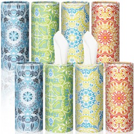 Dandat 8 Pcs Car Tissues Cylinder Tissues Holder Boxes with 400 Facial Tissues Boho Mandala Car Tissue Holders Tissues Box for Car Round Tissue Tubes for Cup Holder Home Office Travel, 4 Styles