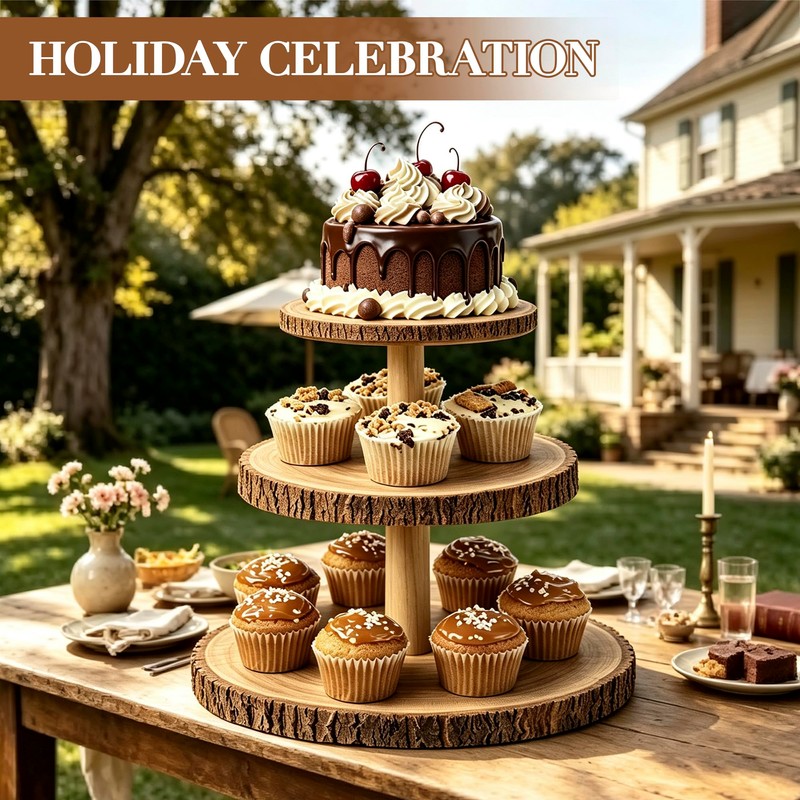 3-Tier Round Wooden Cupcake Stand, Rustic Natural Bark Wood Dessert