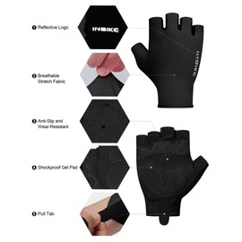 INBIKE Bike Gloves for Men Women, Shock-Absorbing Pad Fingerless Cycling Gloves, Breathable Half Finger Road Biking Gloves, Anti-Slip Bicycle Gloves Black Large